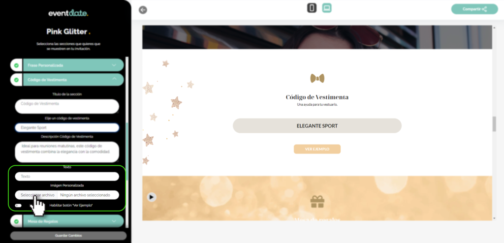 Panel editar invitación, código de vestimenta