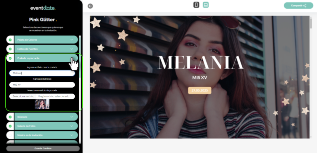Panel editar invitación, portada