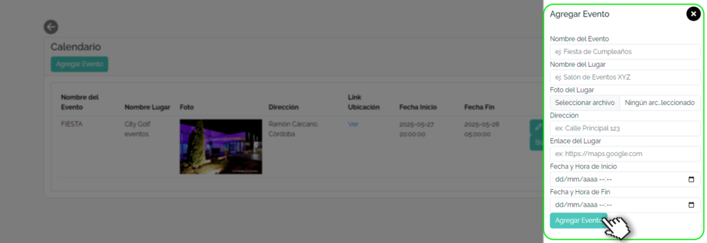 Panel editar invitación, agregar evento