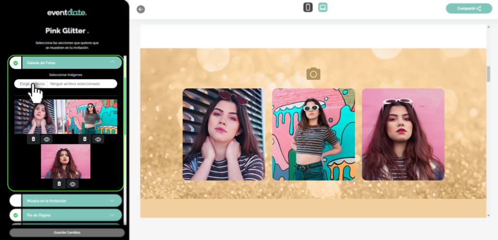 Panel editar invitación, galeria de fotos
