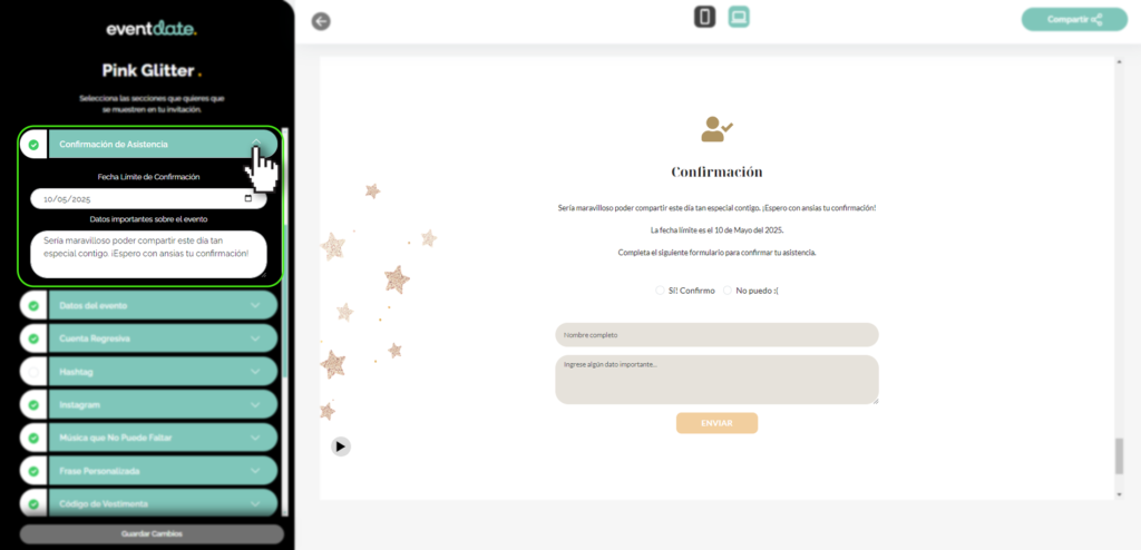 Panel editar invitación, confirmación