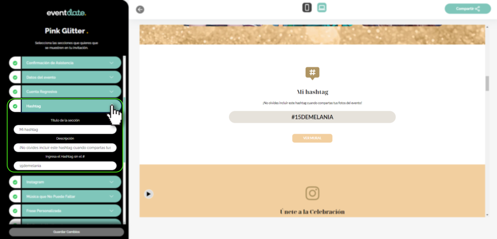 Panel editar invitación, hashtag