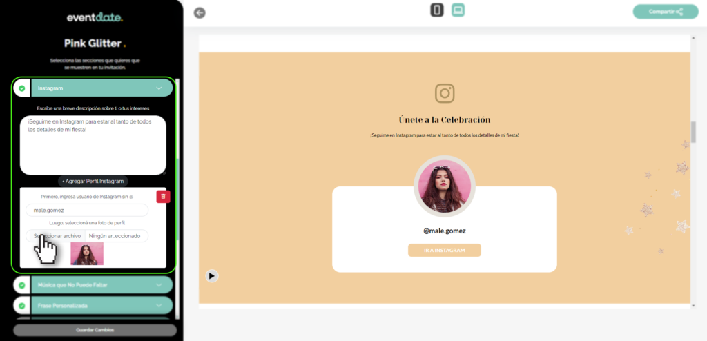 Panel editar invitación, instagram