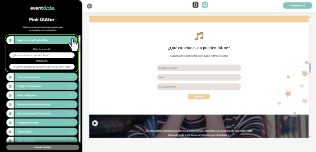 Panel editar invitación, música recomendada