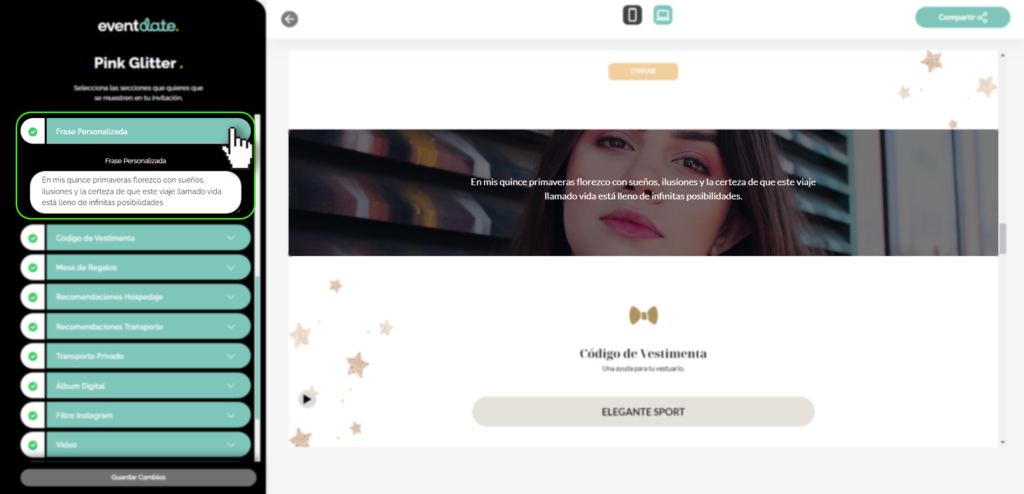 Panel editar invitación, frase personalizada