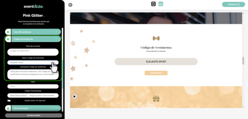 Panel editar invitación, código de vestimenta