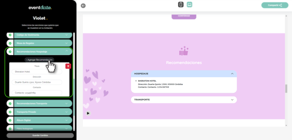 Panel editar invitación, recomendación hospedaje