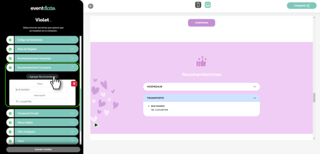 Panel editar invitación, recomendación transporte
