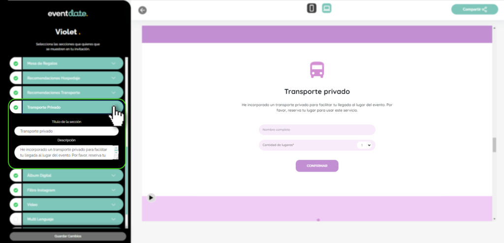 Panel editar invitación, transporte privado