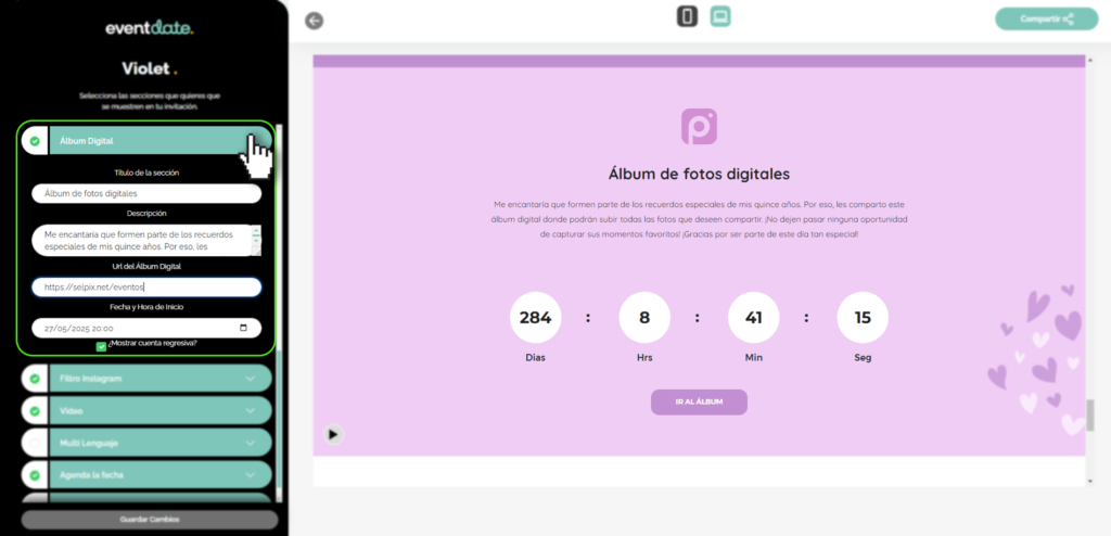 Panel editar invitación, álbum digital