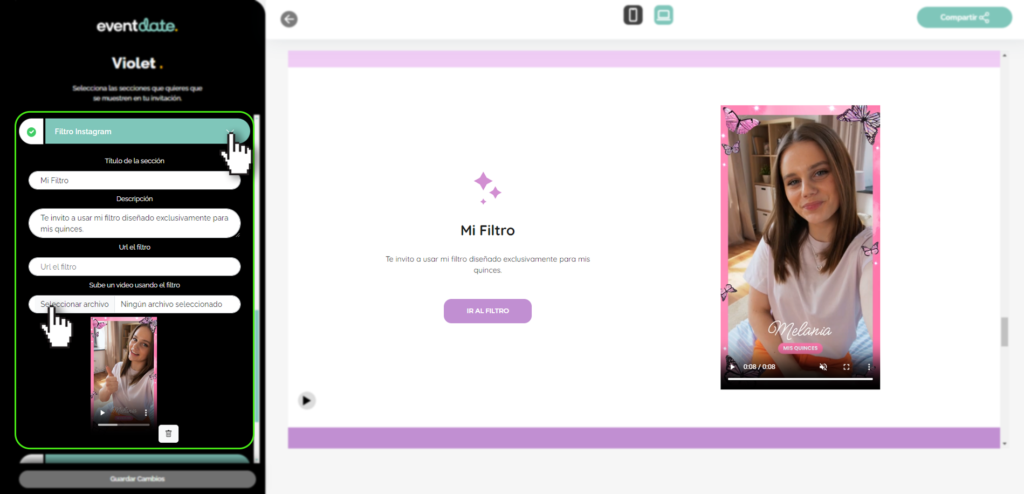 Panel editar invitación, filtro instagram