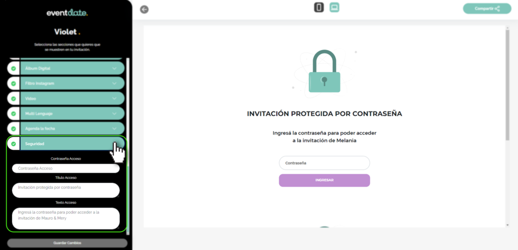 Panel editar invitación, seguridad