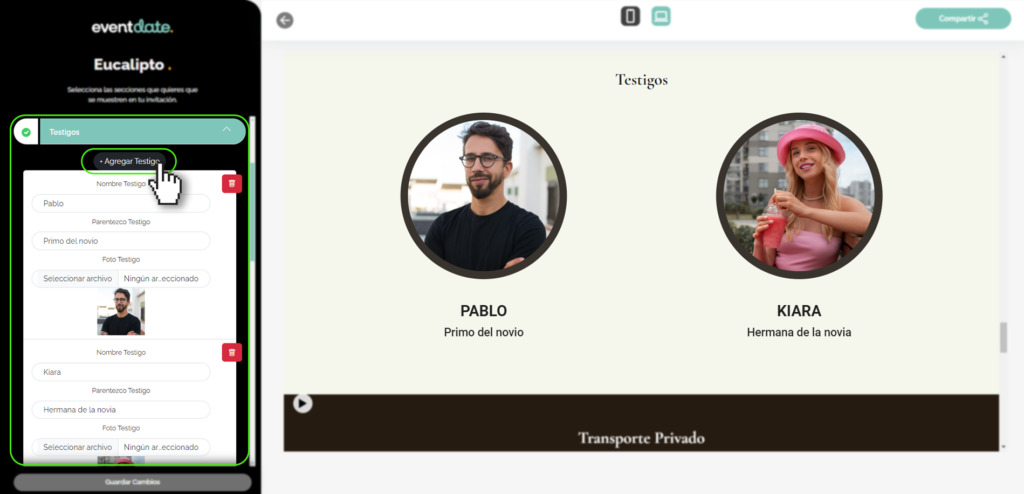 Panel editar invitación, testigos