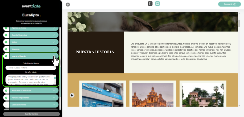 Panel editar invitación, nuestra historia